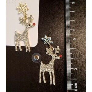 Gold Reindeer Rudolph Red Nose Snowflake Dangle Earrings